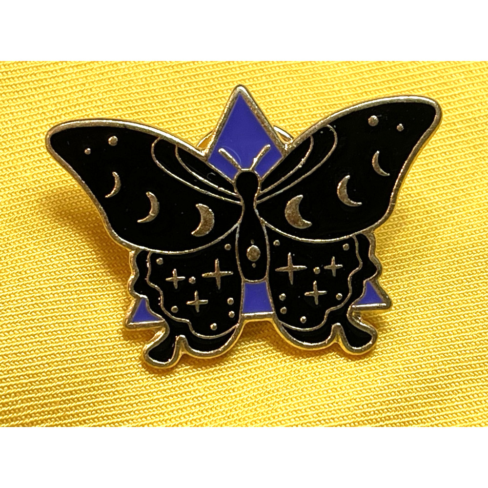 NWOT Black Butterfly Moth Brooch Lapel Pin Enamel Celestial Moon Stars Goth